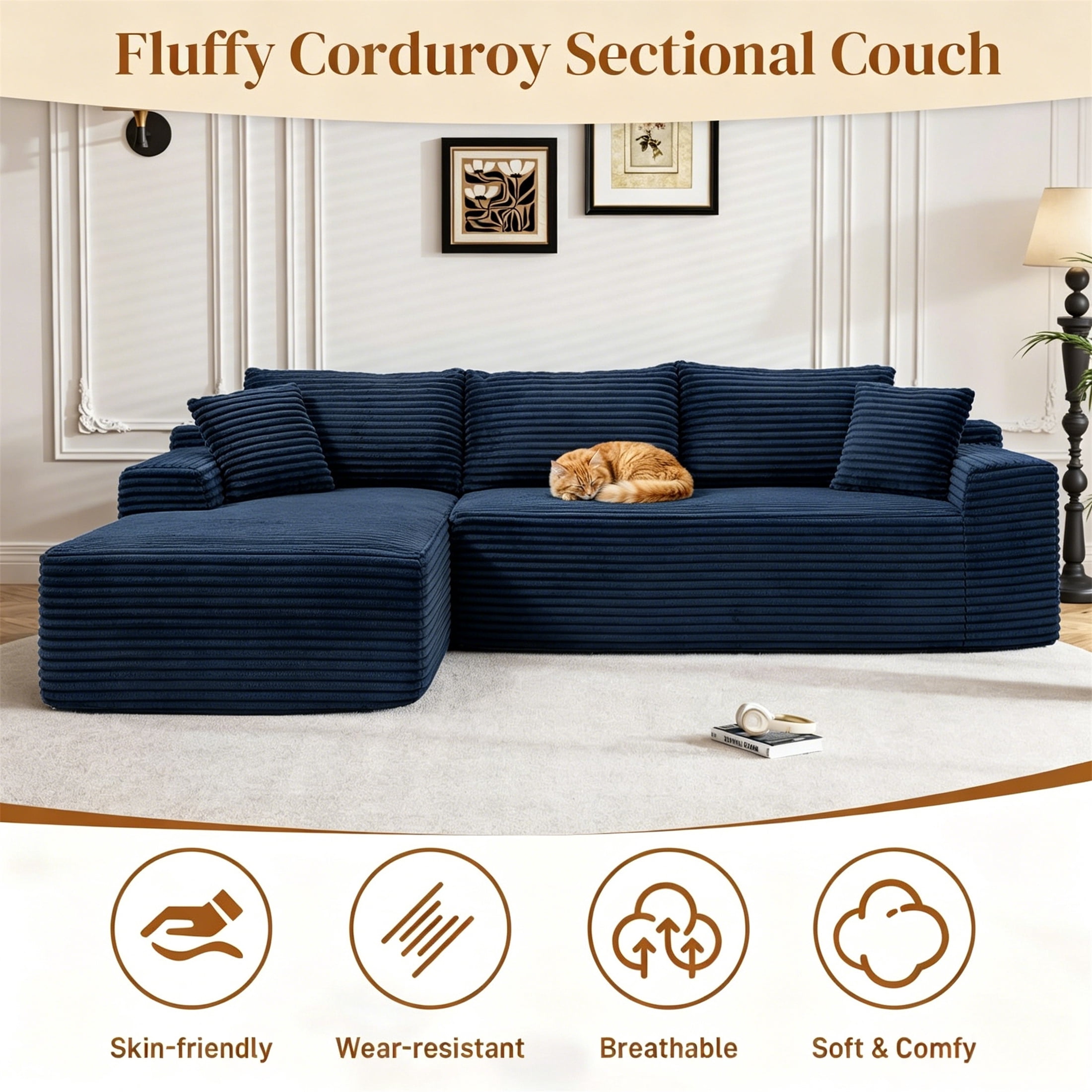 Aukfa 96" Cloud Sectional Sofa Deep Seat Boneless Couch Modular L-Shaped Couch, Left Chaise Corduroy Sofa for Living Room, Blue