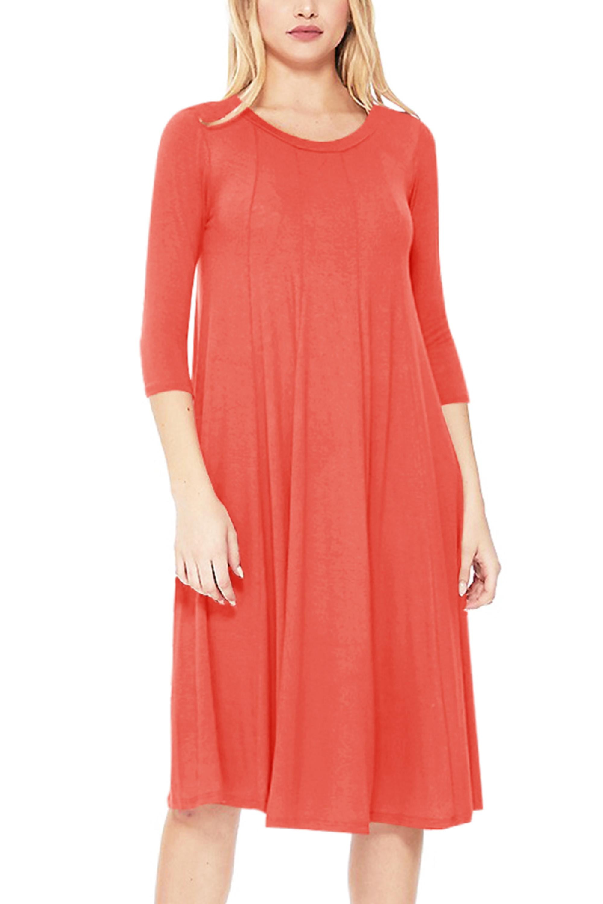 Women's Plus Size Round Neck 3/4 Sleeves Solid ALine Midi Dress Made