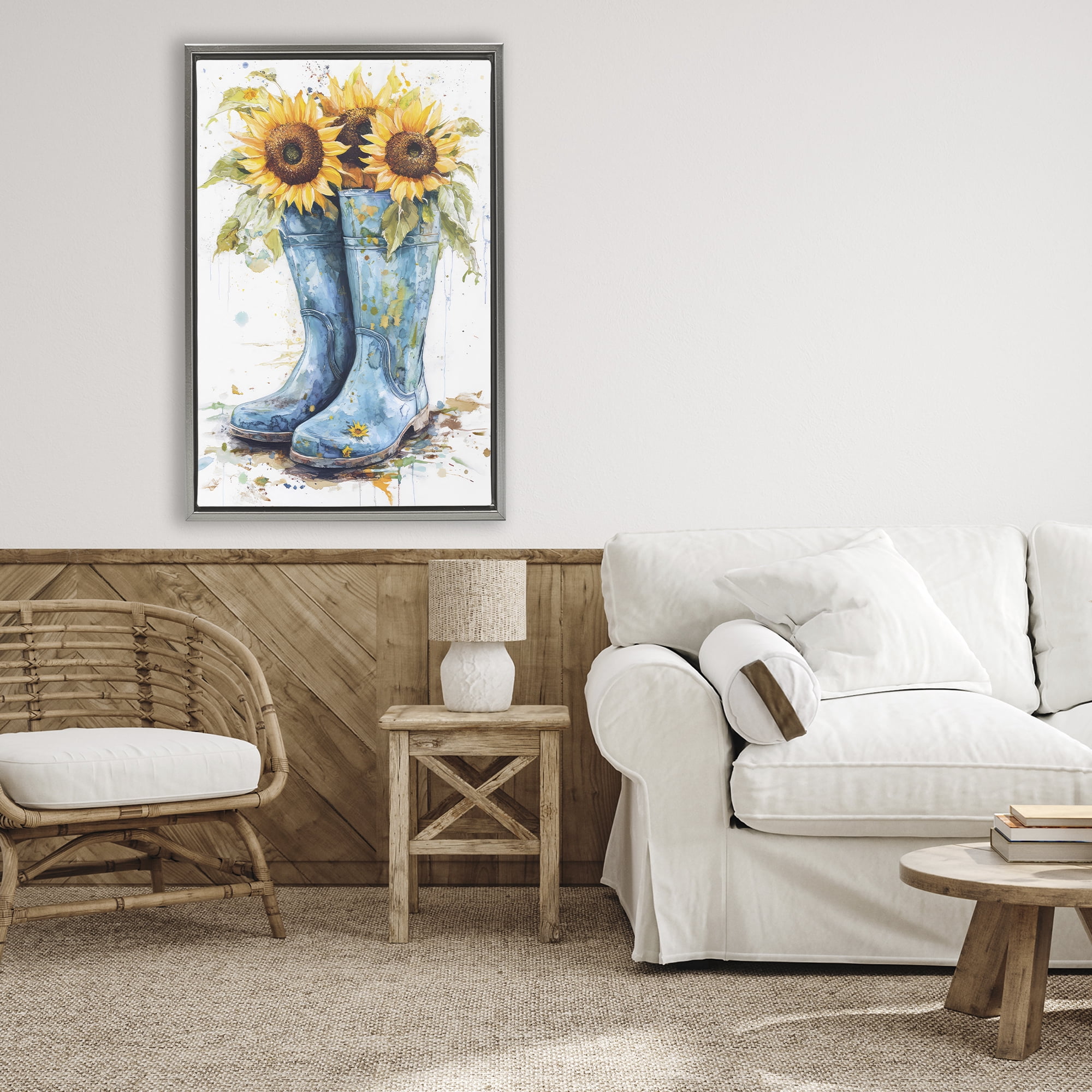 Stupell Industries Blue Rain Boots & Sunflowers Gray Framed Floater Canvas Wall Art, design by Tina LeCour
