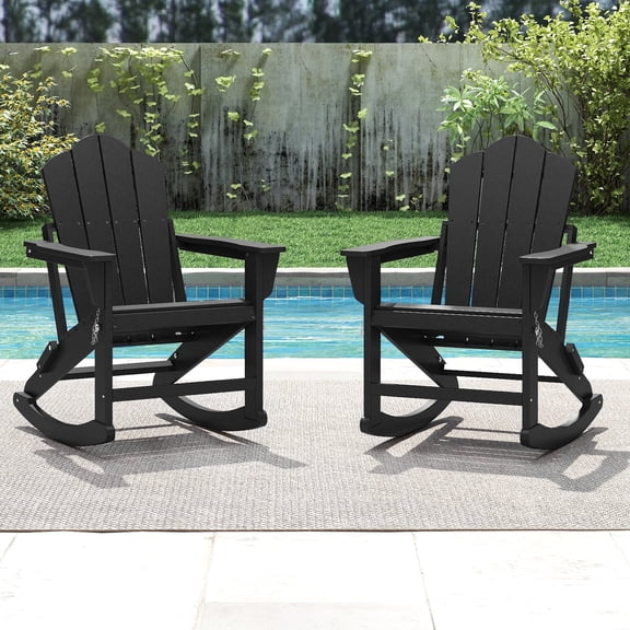 FOOWIN Folding Rocking Adirondack Chair Set of 2, HDPE Plastic Rocking Chairs for Patio Porch Rocker Chair, Black