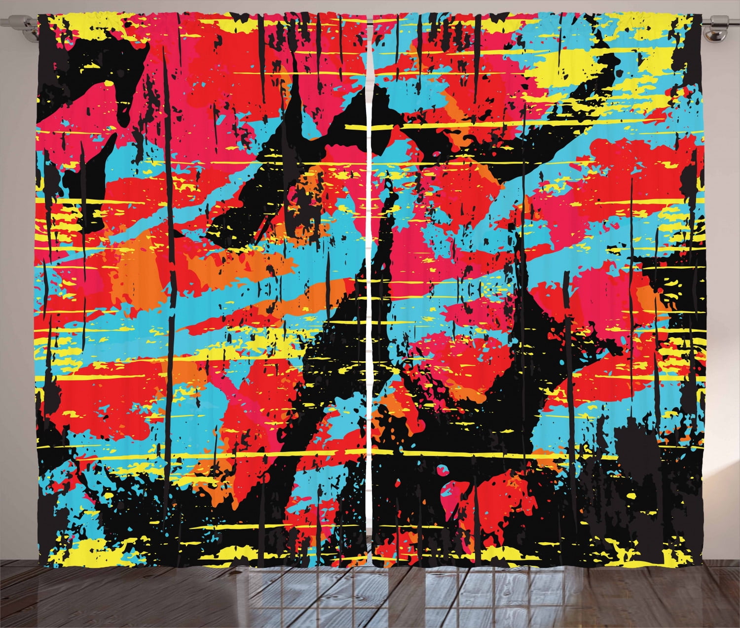 Urban Graffiti Curtains 2 Panels Set, Sketchy Graffiti Design with Grungy Dripping Paint Drops