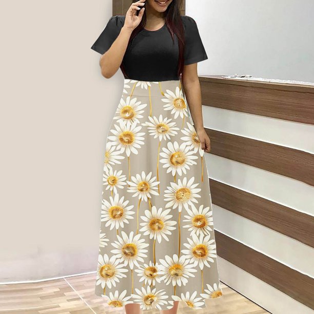 Puntoco Vestido De Manga Corta Con Cuello Redondo Y Falda Larga Estilo Resort Con Estampado Floral Para Mujer Negro L,Regalos Para Mujer Joven