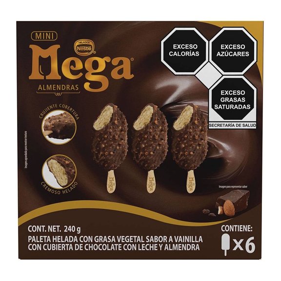 Mini paletas heladas Nestlé Mega sabor vainilla cubierta de chocolate y almendra 6 pzas