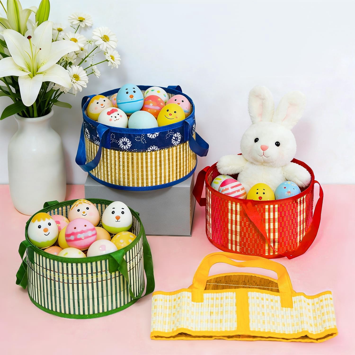 4 Pcs Easter Basket Bulk Set with Handle, Foldable Woven Bamboo Baskets Empty, Large Easter Baskets for Easter Egg Hunt Party Favor for Picnic, Gift Packing