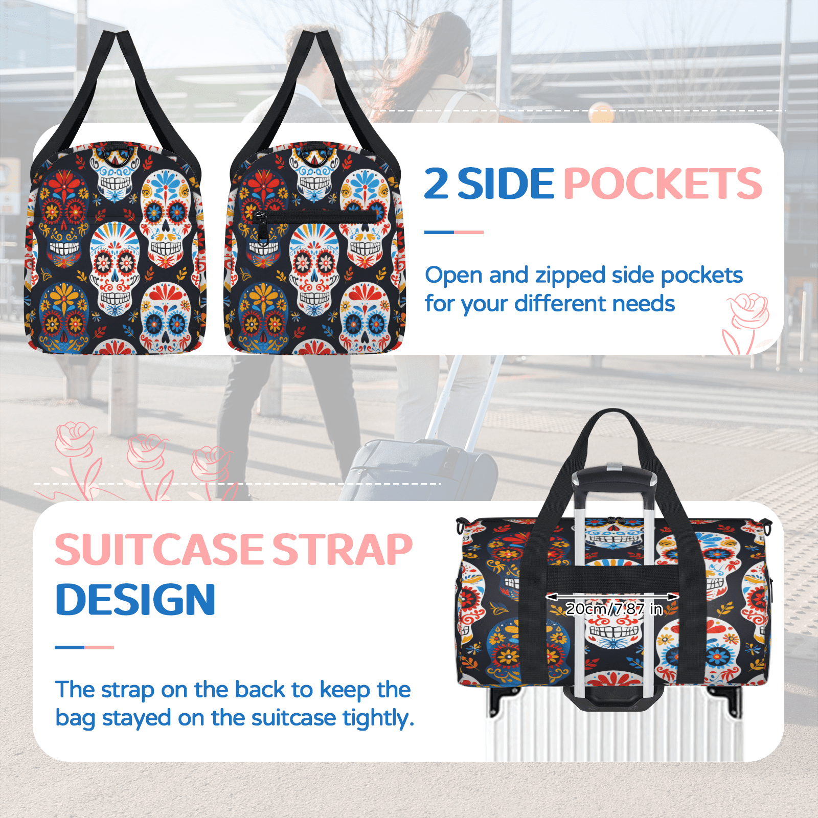 Herdesigns Skull Floral Travel Duffle Bag Sports Yoga Weekender Overnight Carry on Workout Bags Lightweight Waterproof Gym Tote Bag for Women Sugar Skull