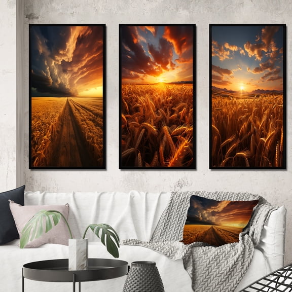 Designart "Golden landscapesa Mesmerizing Landscape" Landscape & Nature Framed Wall Art Set Of 3 - Yellow Beach Sand Frame Gallery Set For Office Decor