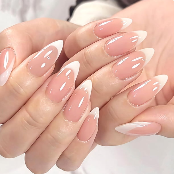Uñas postizas Press On KZBTRBT 30 piezas punta francesa blanca almendra