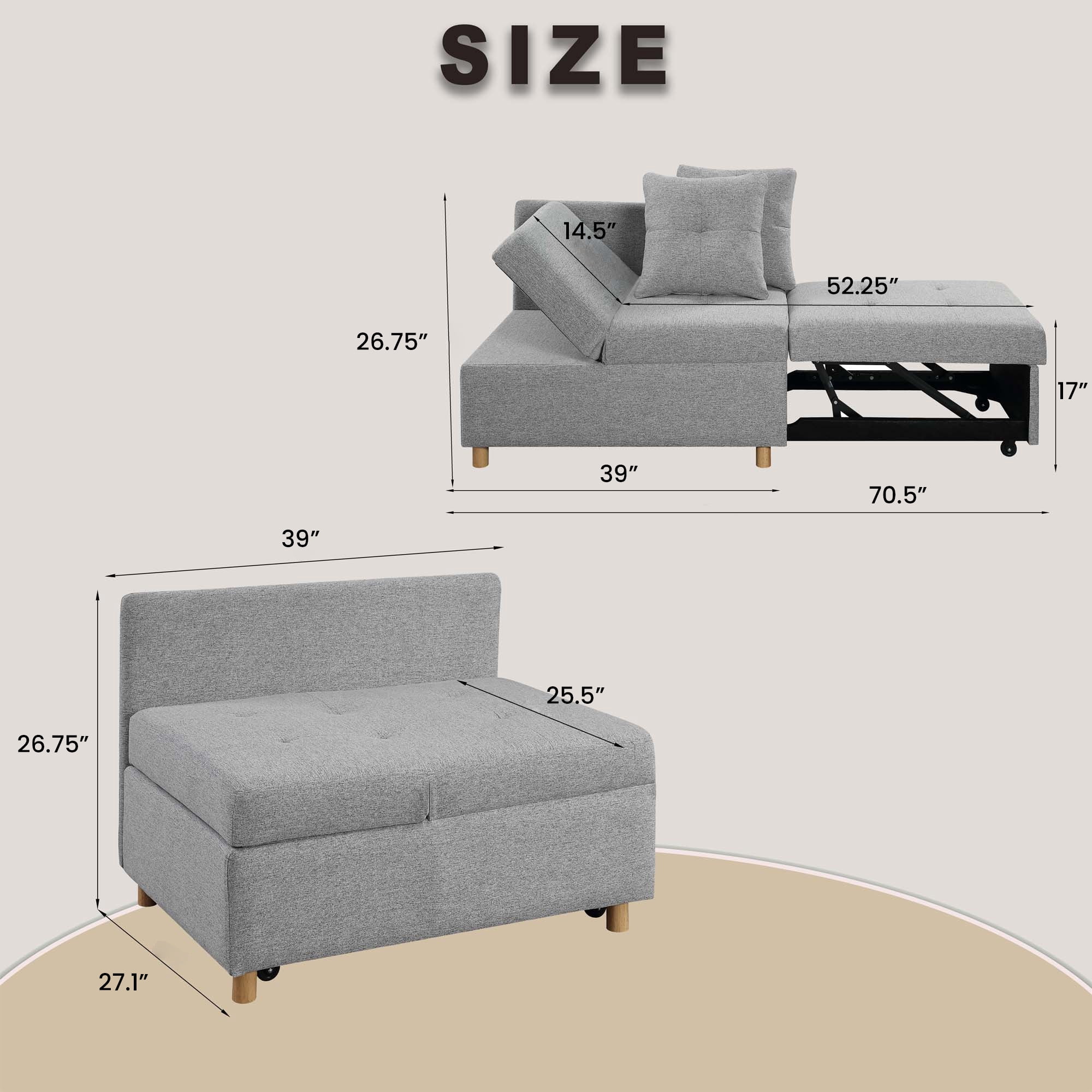 Aukfa Folding Futon Sofa Bed Chair, Convertible Chair Bed with 2 Pillows for Living Room Apartment - Light Gray