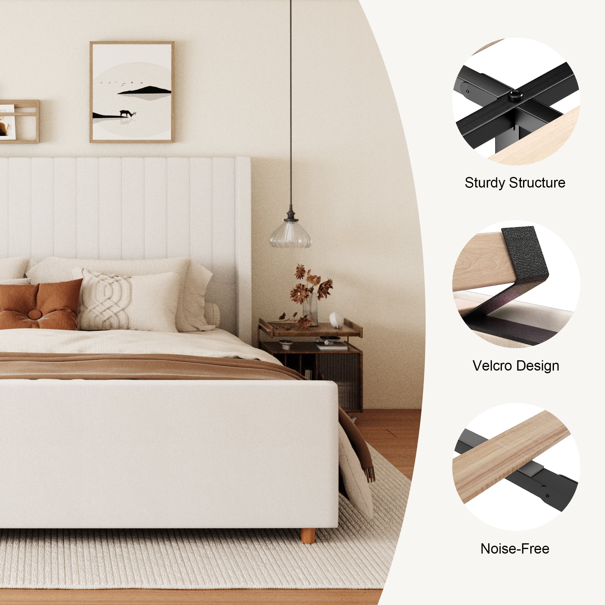 Queen Size Bed Frame, Upholstered Platform Bed with 58.2" Tall Headboard & Footboard, Soft Velvet Fabricbed Bed, Easy Assembly, Beige