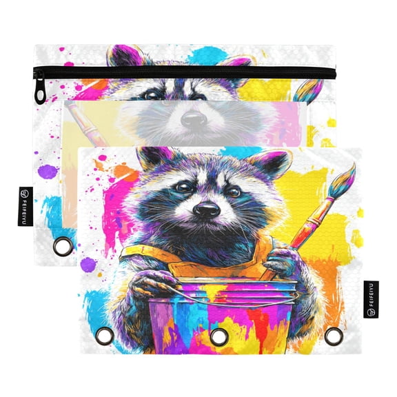 2 Pack 3 Ring Binder Pouch with Clear PVC Window Water Resistant Zipper Pencil Pouch Graffiti-painting Raccoon Binder Pocket for Classroom Office Home Stationery Organization