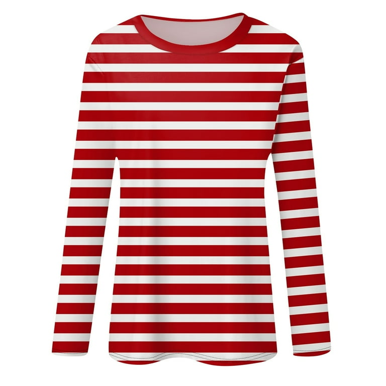 Women's Long Sleeve Striped T-Shirt, Casual Red and White Crew