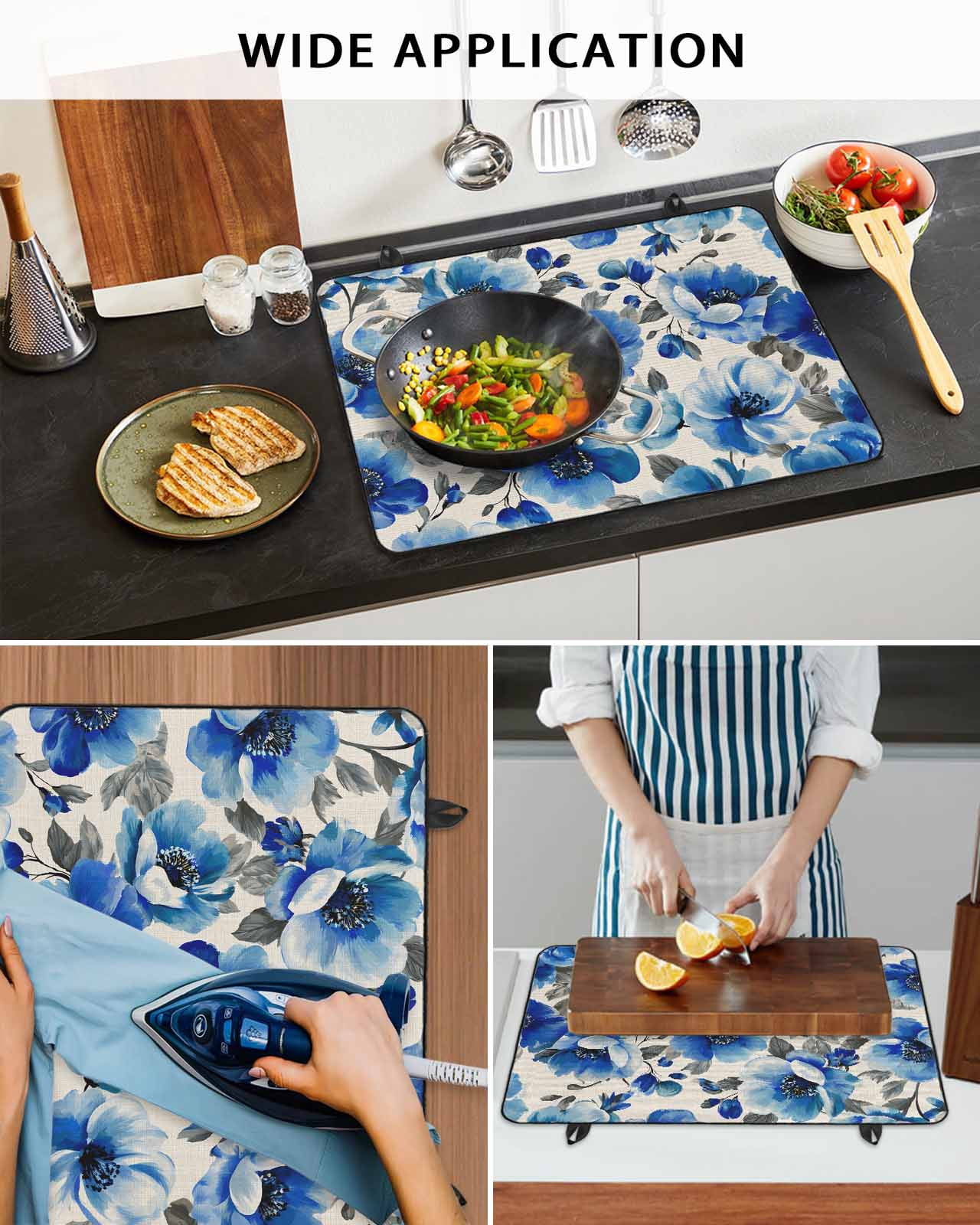 Large Induction Cooktop Protector Mat Blue Flowers Stove Top Covers for Electric Stove, Spring Watercolor Floral Leaves Plants Beige Decorative Stove Burner Cover Mats, Glass Top Stove Cover