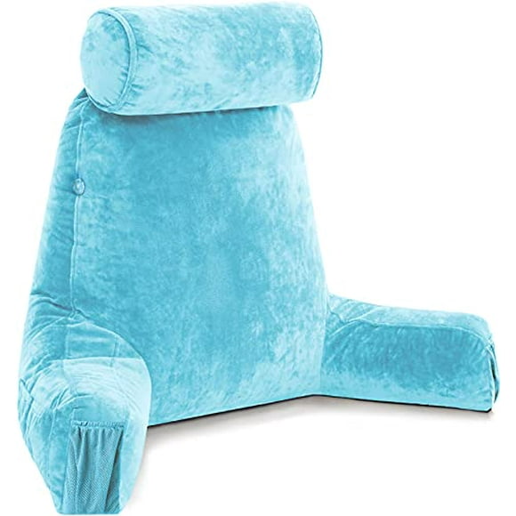 Husband Pillow Medium Carolina Blue, Backrest for Kids, Teens, Petite Adults - Reading Pillows with Arms, Adjustable Plush Memory Foam, Bed Rest Chair Sitting Up, Detach Neck Roll, Removable Cover