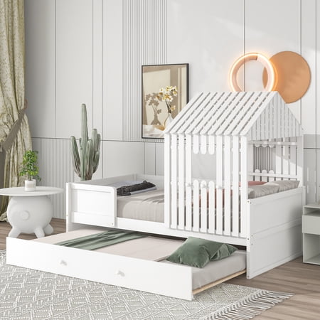 Hassch Twin Size House Low Loft Bed With Trundle White