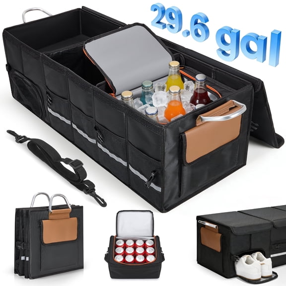 RELOIVE Car Trunk Organizer and Storage, 29.6 Gal Large Collapsible Trunk Organizers with Multi Compartment & Lid & Removable Leakproof Cooler Bag for Car, SUV, Truck, or Van