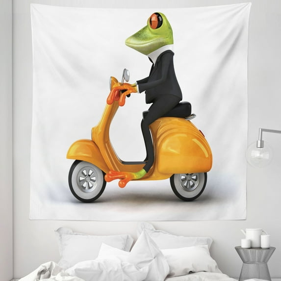 Funny Tapestry, Serious Italian Frog Riding Motorcycle Fun Nature Graphic Urban Art, Fabric Wall Hanging Decor for Bedroom Living Room Dorm, 5 Sizes, Green Black Orange, by Ambesonne