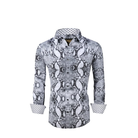 Men PREMIERE Long Sleeve Button Down Dress Shirt Grey Snake Skin Print