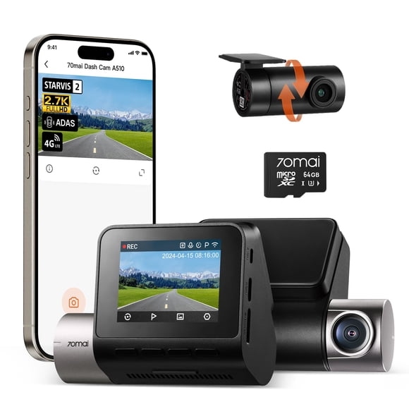 Dash Cam 70mai A510 1944P+1080P delantera y trasera con tarjeta de 64 GB