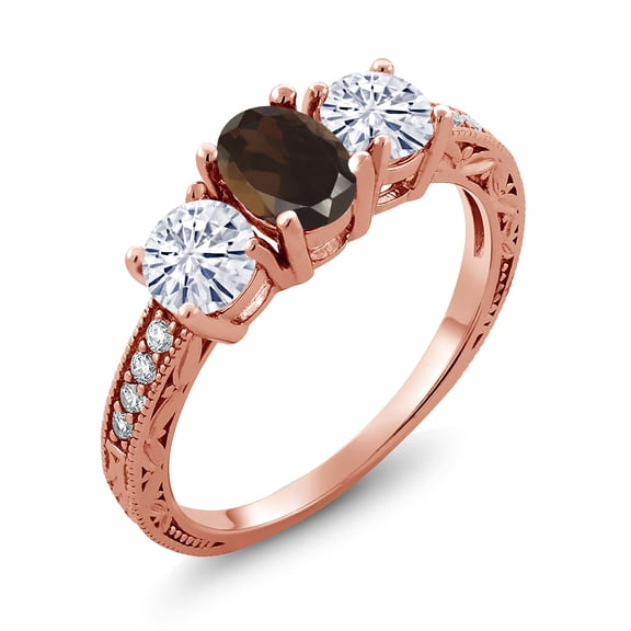 Gem Stone King 18K Rose Gold Plated Silver 3-Stone Ring Smoky Quartz Moissanite(1.87 Cttw) (Size 5)