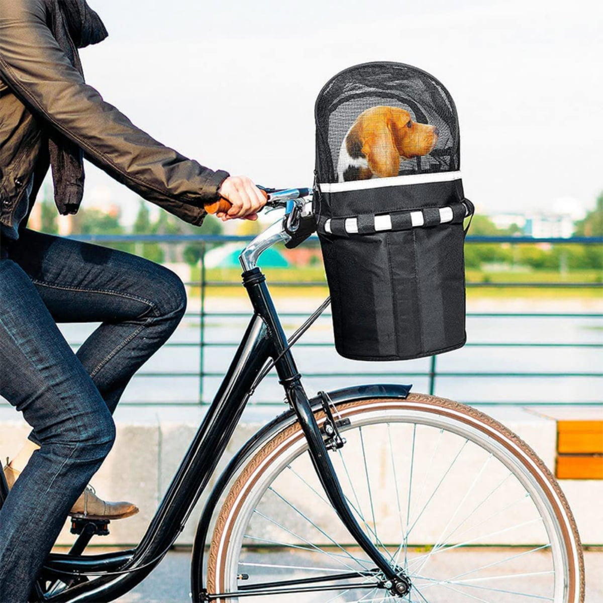 FANGNISN Upgraded Bike Basket Folding with Zippered Skylight Opening, Small Pet Cat Dog Carrier Front Removable Bicycle Handlebar Bag, Cycling Holder Storage Basket Black