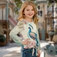 thumbnail image 3 of Xoenoiee Peacock Flower Print Kids Long Sleeve Shirt with Tie Knot Front Girls Pullover Top Loose Round Neck Blouse Drop Shoulder Fall Clothes, 9-10 Year, 3 of 7
