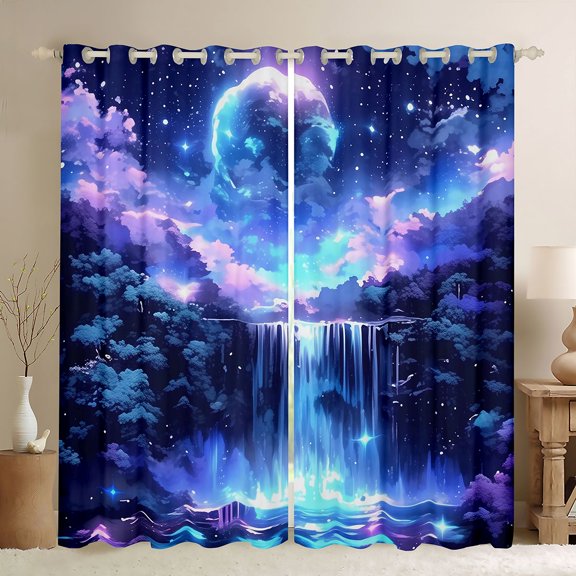 Homewish Blue Galaxy Kitchen Curtains for Kids Girls, Stars Moon Waterfall Black Out Curtains Pack of 2 (42x63 Each)