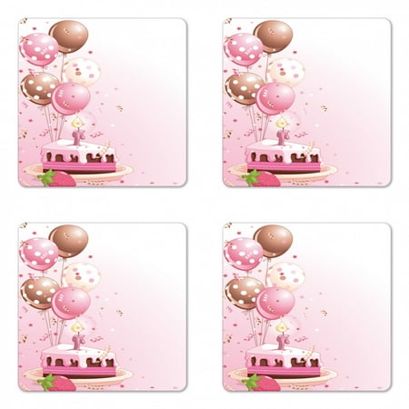 

Birthday Coaster Set of 4 Strawberry Pink Slice of Cake Candle Dotted Balloons and Celebration Square Hardboard Gloss Coasters Standard Size Pink Tan Cream by Ambesonne