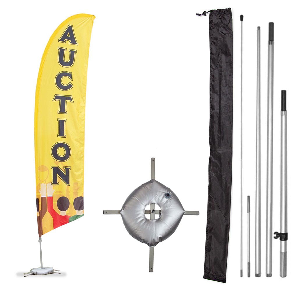 Premium Auction Feather Flag Kit Includes 13ft Sectional Aviation Grade  Fiberglass Poles, Auction Flag, Cross Base and Weight Bag, and Pole Sleeve  Bag