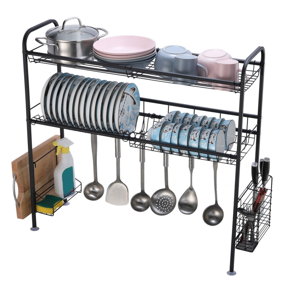 Over Sink Dish Drying Rack, Yodudm 3 Tier Full Stainless Steel Large  Storage Adjustable Dish Rack (23.5''-36.6''), Expandable Kitchen Dish  Drainer Shelf Rack with Hooks, Utensil Holder(Matte Black) 