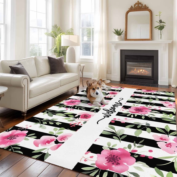 6'x9' Area Rugs, Pink Red Flower Indoor Outdoor Area Rug for Living Room Bedroom, Watercolor Floral Leaf Black White Stripe Washable Bathroom Rugs Kitchen Floor Carpet Mats Home Decor Aesthetic