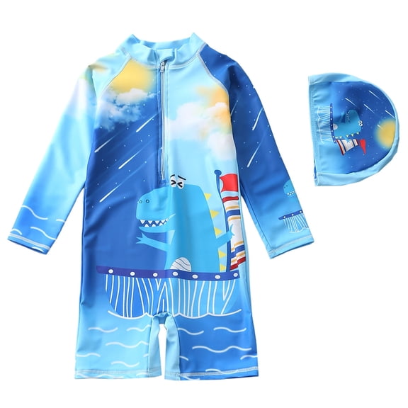 XAOFW Boy's One-Piece Swimsuits Cartoon Pattern Short Sleeve Crew Neck With Swim Hat Zipper Sun Rash Guard Swimwear Summer Beach Pool Soft Breathable Bathing Suit