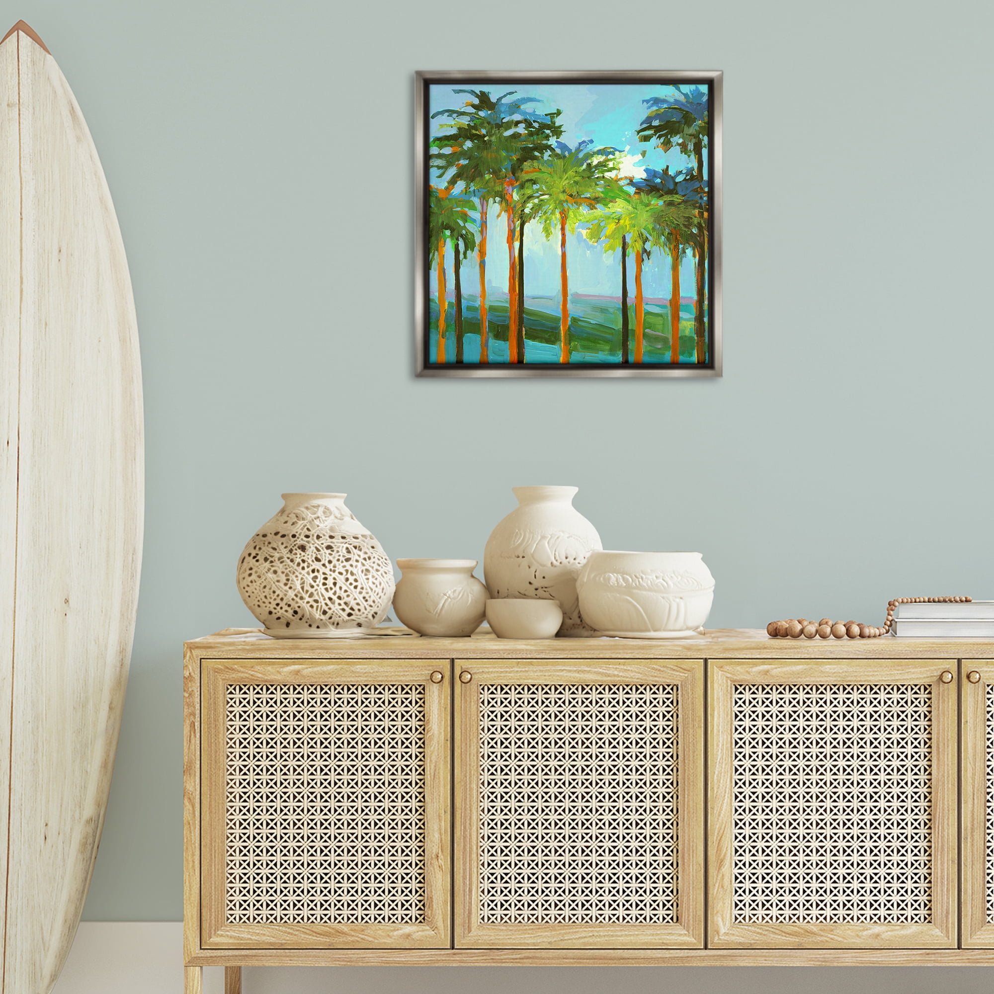 Stupell Industries Tall Palms Abstraction Coastal Painting Gray Floater Framed Canvas Art Print Wall Art, 25 x 25
