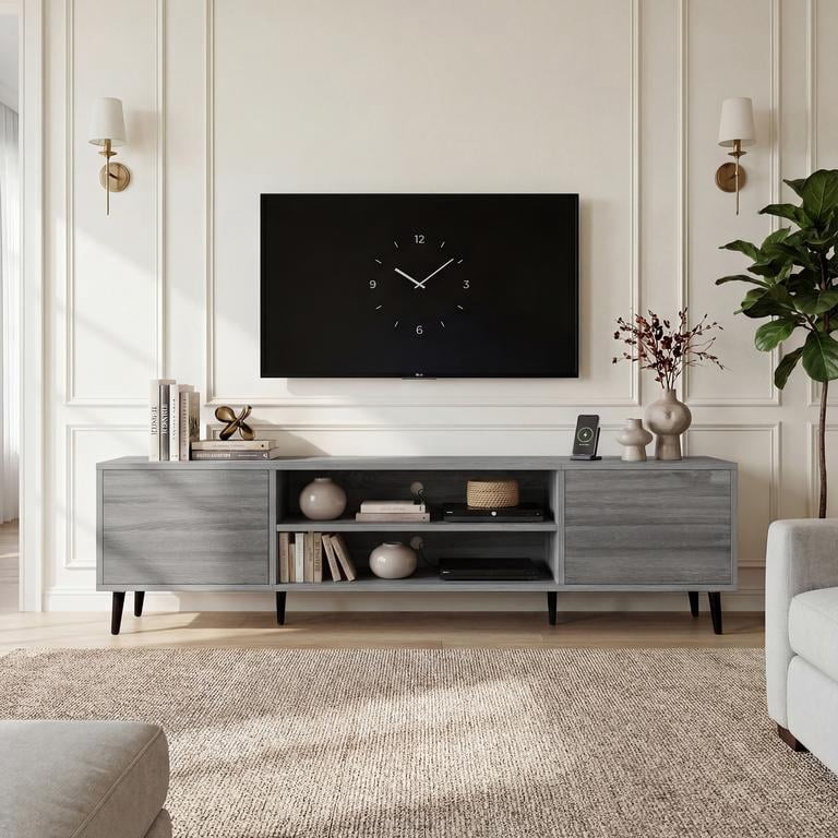 Vineego TV Stand for 70 Inch TV with 2 Push-to-Open Doors, Mid-Century Modern Media Console with Open Shelves, Entertainment Center for Living Room Bedroom, Gray