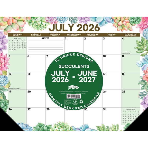 2026-2027 Willow Creek 22" x 17" Academic Monthly Desk Pad Calendar, Succulents (64726)