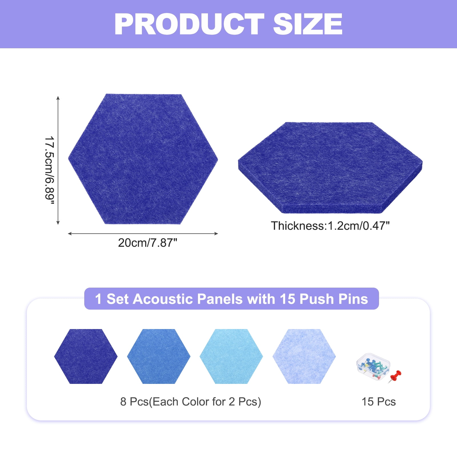 Uxcell 8 Pcs Hexagon B1 Acoustic Panels with Push Pins 7.87'' x 6.89'' Dark Blue Sky Blue Blue Light Blue