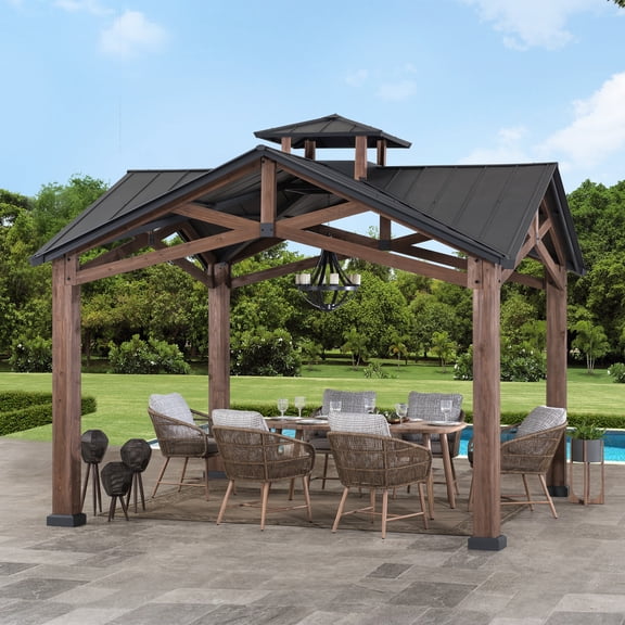 Sunjoy 12.5 x 12.5 ft. Hardtop Gazebo Outdoor Cedar Frame Wood Gazebo with Steel 2-Tier Hardtop Roof and Ceiling Hook