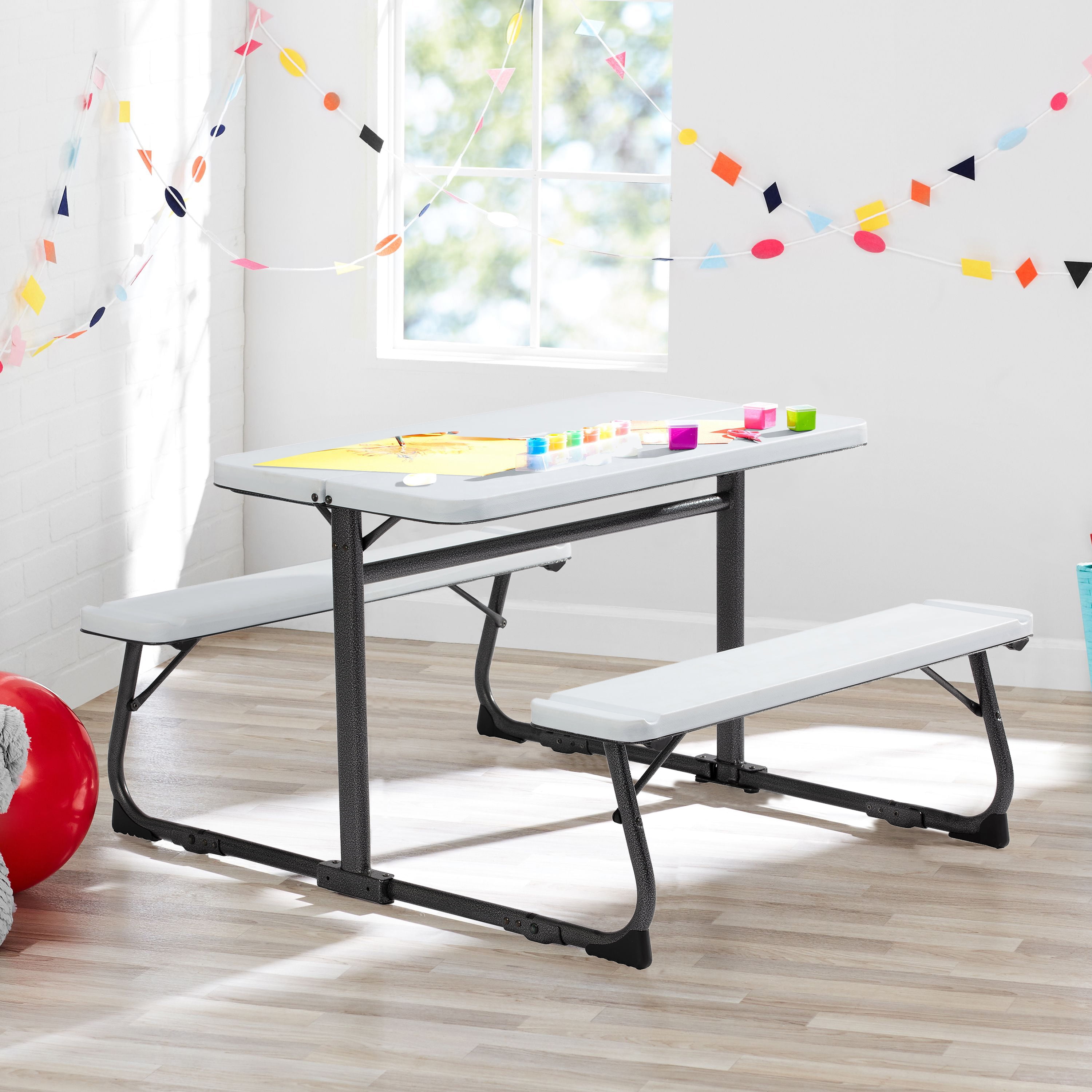 (2 pack) Your Zone Kids Activity Table & Bench Set – Folding Play Table for Crafts, Homework, Homeschool & Playrooms, Ages 3–8, White
