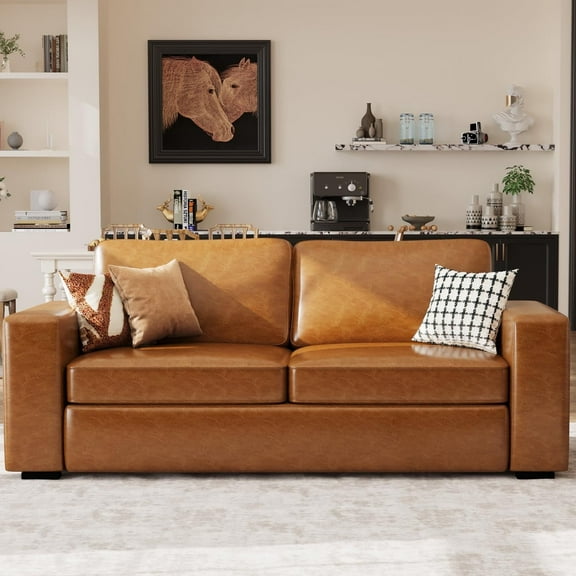 JULY'S SONG 85" Faux Leather Modern Sofa, Oversize Couches for Living Room with Deep Seat, 3 Seater Waterproof Loveseat for Bedroom, Big Comfy Couch for Apartment, Brown