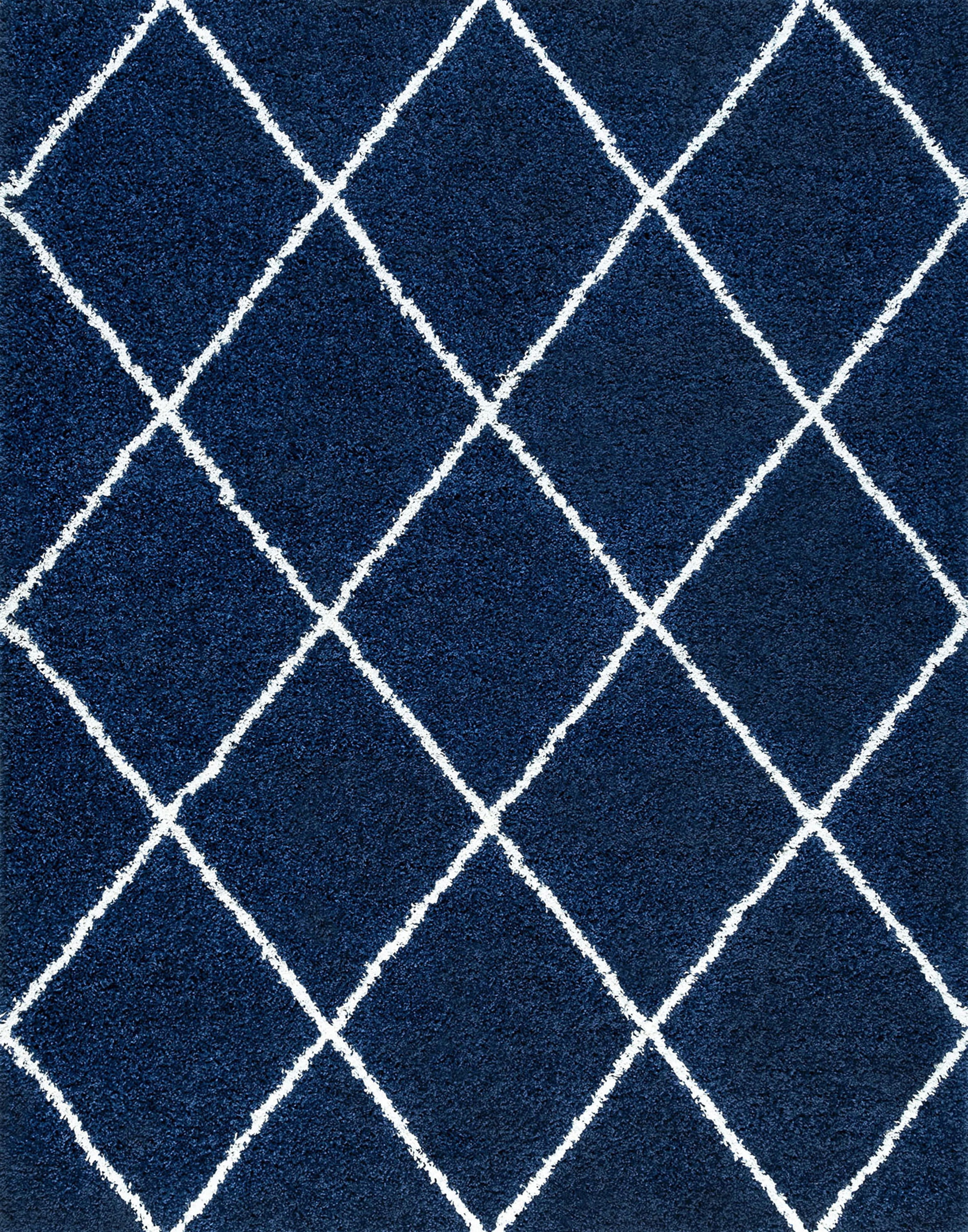 Jersey Shag Contemporary Diamond Navy and White Polypropylene Indoor Area Rug, 8'x10' Rectangle