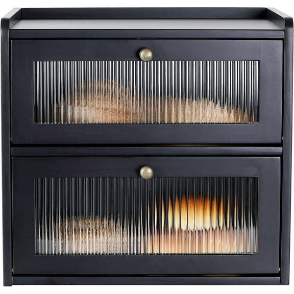 Bread Box for Kitchen Countertop Wooden Bread Storage Container Bin 2 Layer Breadbox Holder Large Capacity Keeper Vintage Farmhouse Food Organizer Pantry Shelf Acrylic Window（Black）