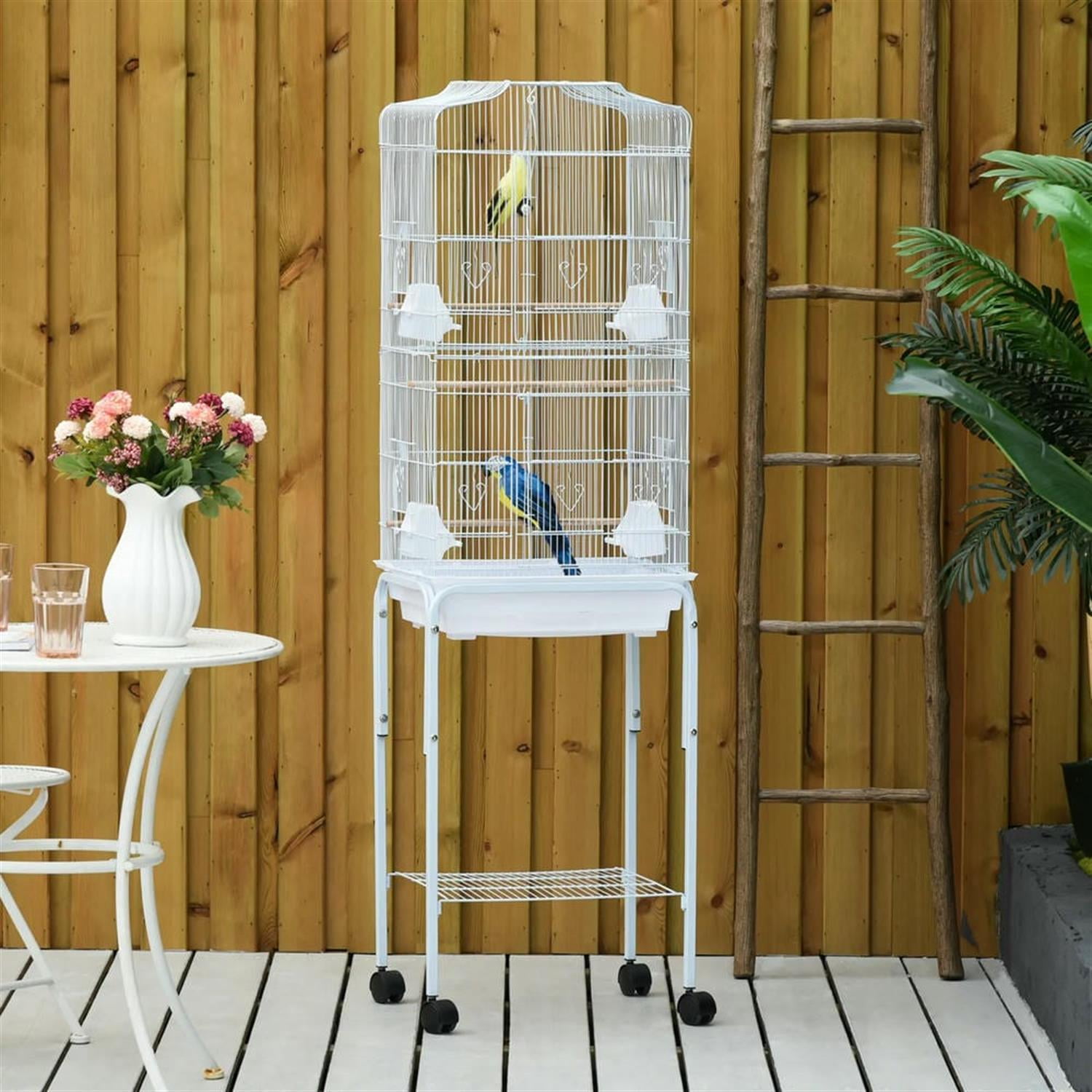 Kadyn 61" Height Metal Indoor Bird Cage Aviary Parakeet House with Detachable Rolling Stand for Parrots Conures Lovebird Cockatiel Parakeets, White