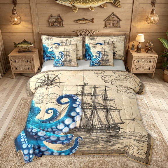 Feelyou Vintage Octopus Twin Bedding Sets for Men Kids, Nautical Map Compass Ocean Sail Adventure Bedding Comforter Set, Beige, Grey Reversible, 7-Piece