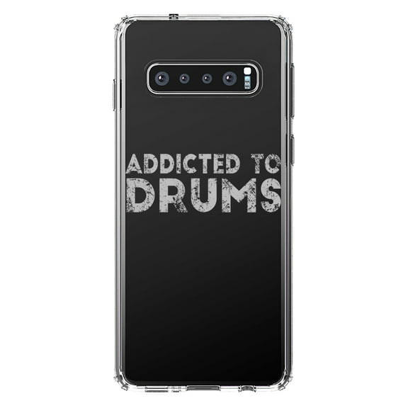 DistinctInk Clear Shockproof Hybrid Case for Samsung Galaxy S10 (6.1" Screen) - TPU Bumper Acrylic Back Tempered Glass Screen Protector - Addicted to Drums