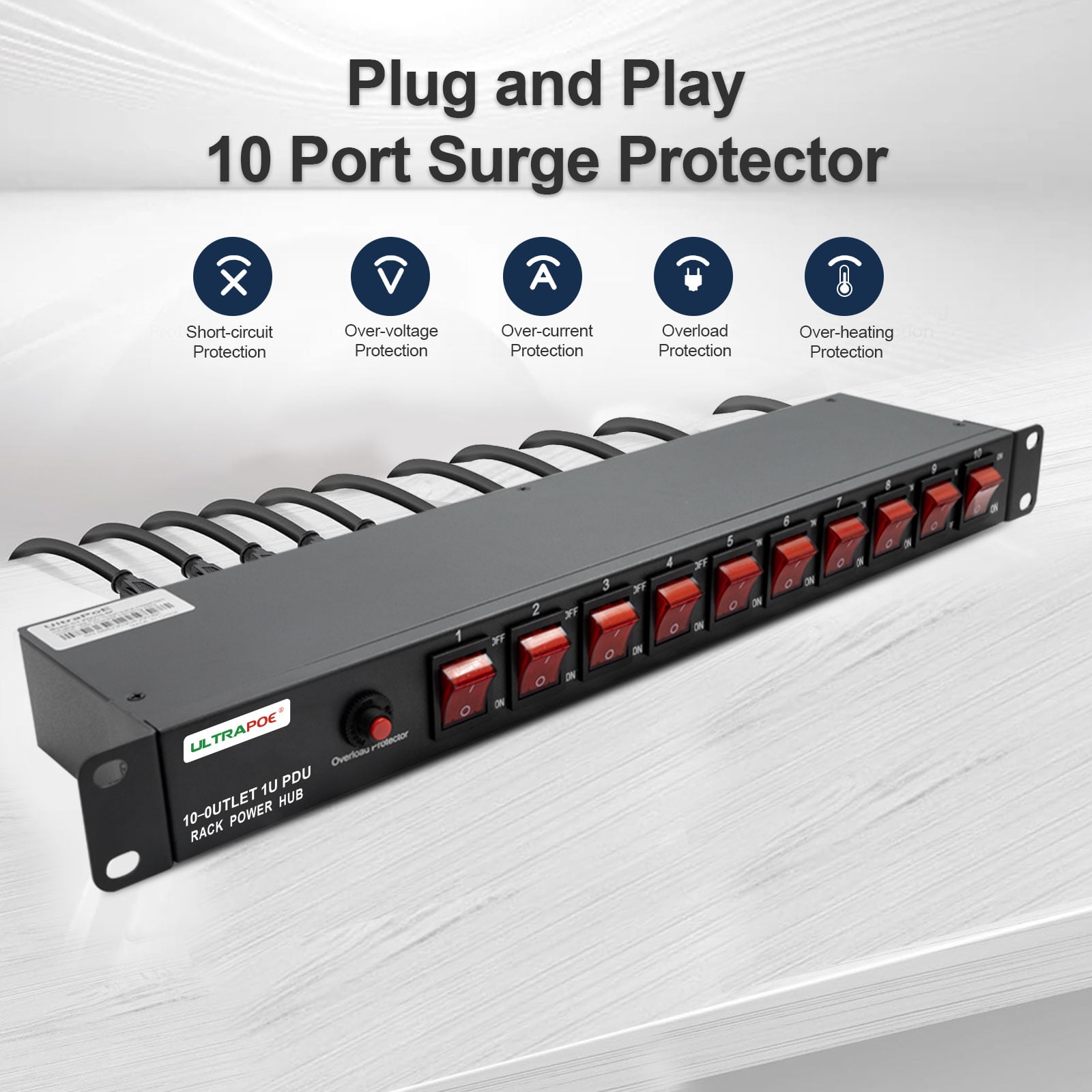 ULTRAPOE PDU Power Strip Surge Protector, 10-Outlet, 1U Network-Grade, Full Metal, Rackmount