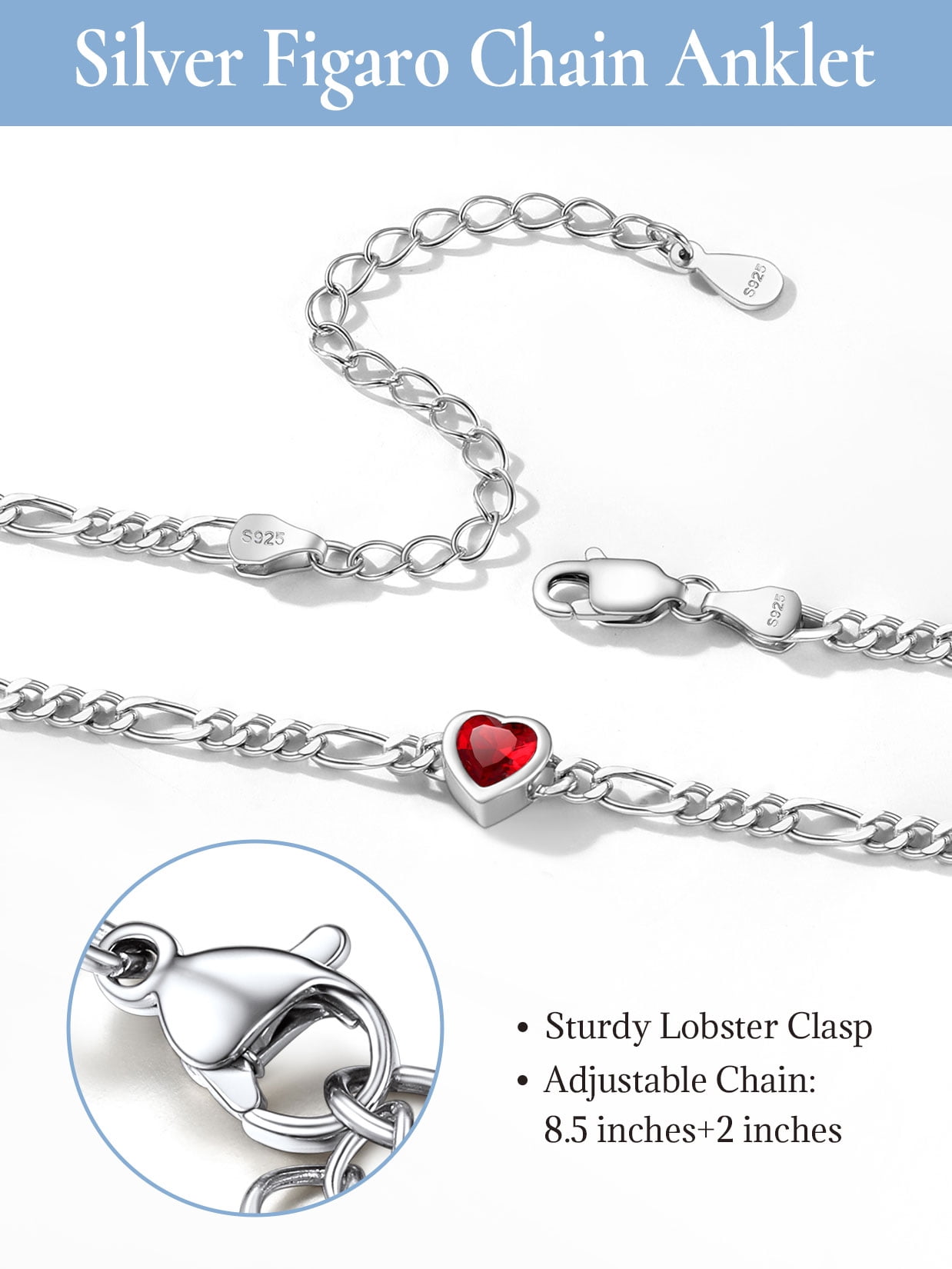 U7 Heart Anklet Bracelet for Women January Red Garnet Sterling Silver Figaro Anklet Charming Summer Jewelry Gift Beach Foot Chain for Daughter