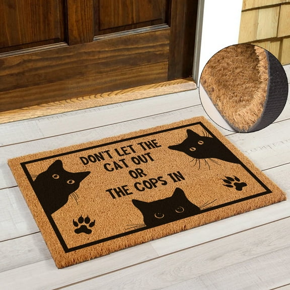 Funny Don’t Let The Cat Out or The Cops in Entryway Outdoor Floor Mat with Heavy-Duty PVC Backing Non Slip Cursive Natural Coconut Coir Brown Mat with Black Font 23.7 x 15.7 inch