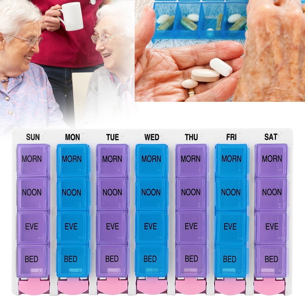 LHCER 7 Days 4 Times a Day 28 Compartments Pill Box Medicine Organizer with Push Button (Blue Purple), Medicine Organizer, Pill Box with Push Button