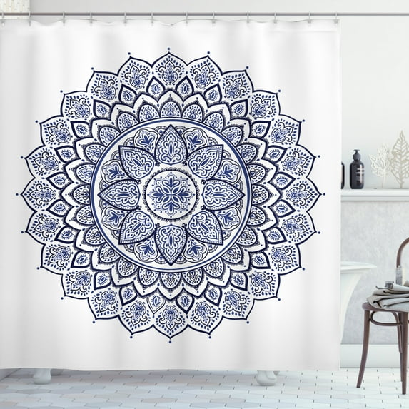 Ambesonne Blue Mandala Shower Curtain, Meditative Floral Art, 69"Wx84"L, Night Blue and White