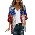 thumbnail image 2 of Wiyuqeen Women's American Flag Beach Cover Up 4th of July Kimono Tops Short Sleeve Open Front Sparkly Cardigans USA Falg Chiffon Cardigans, 2 of 5