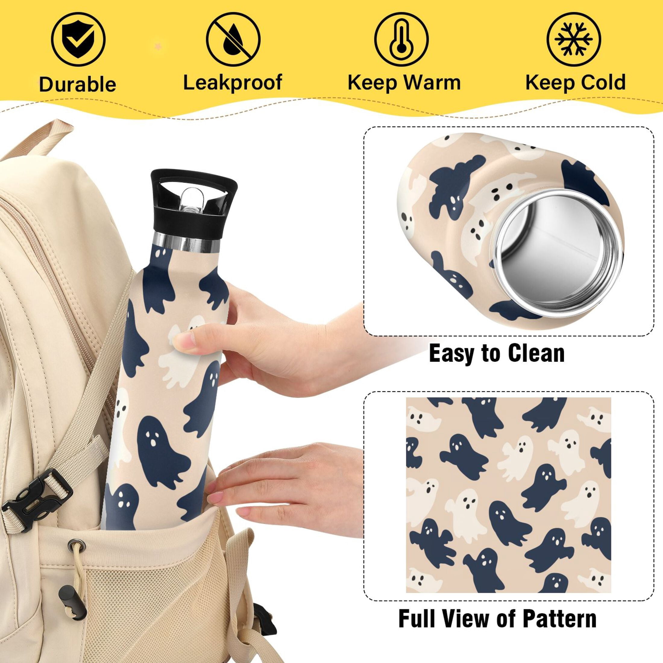 Kids Insulated Stainless Steel Sports Water Bottle 600ml (20oz) Navy and Cream Ghost